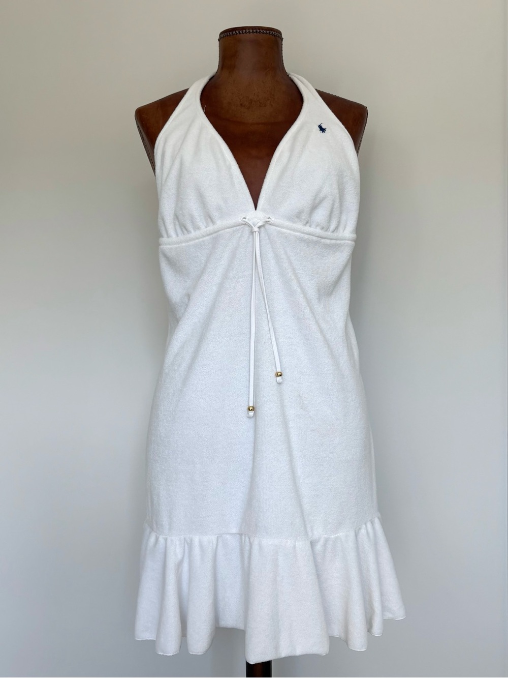 Ralph Lauren Vintage White Halter Dress Terry Swim Coverup with Drawstring